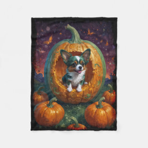 Halloween Papillon Puppy Living in a Pumpkin Fleece Blanket