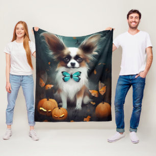 Halloween Papillon With Pumpkins Scary  Fleece Blanket