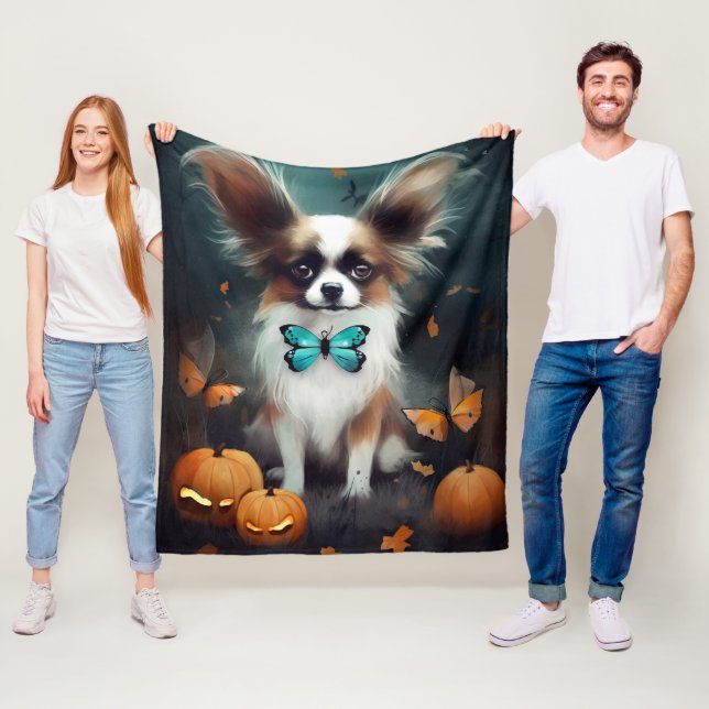 Halloween Papillon With Pumpkins Scary  Fleece Blanket (In Situ)