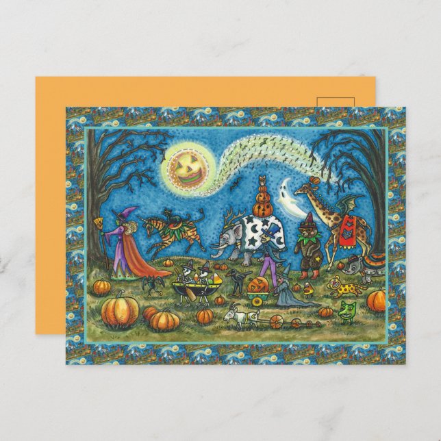 HALLOWEEN PARADE Witch Giraffe Bear Zebra Skellies Holiday Postcard (Front/Back)