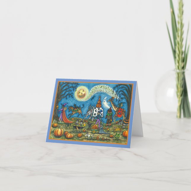 HALLOWEEN PARADE Witch Giraffe Zebra Skelly BLANK Holiday Card (Front)