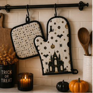 Halloween Parisian Bistro Mosaic Tile Haunted Hous Oven Mitt & Pot Holder Set