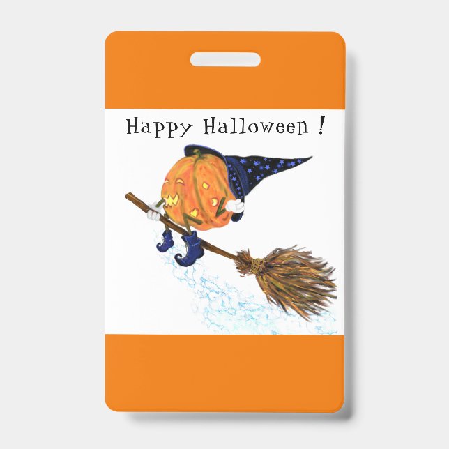 Halloween Party Badge Witch Pumpkin Flying Broom ID Badge (Front)