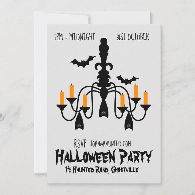 Halloween party bat chandelier black and orange invitation (Front)
