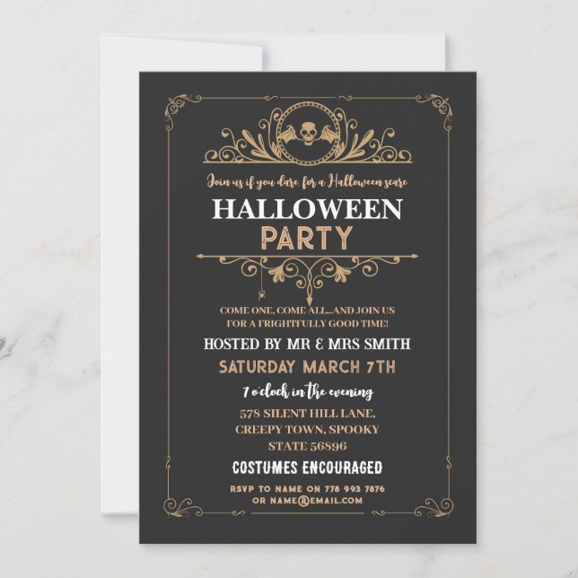 Halloween Party Bat Skull Black Gothic Frame Invitation (Front)