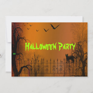 Halloween Party Bats and Black Cat Invitation