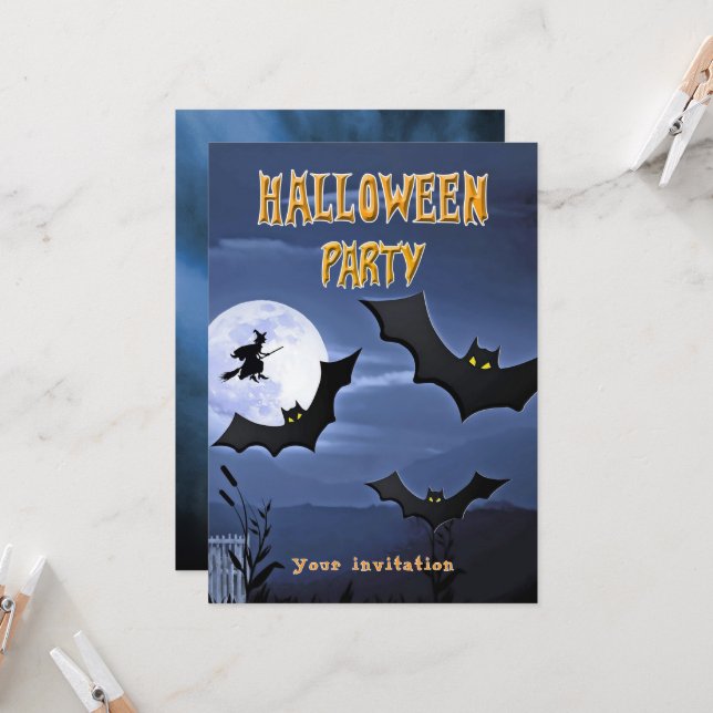 Halloween Party Bats Flying Witch Invitation (Front/Back In Situ)