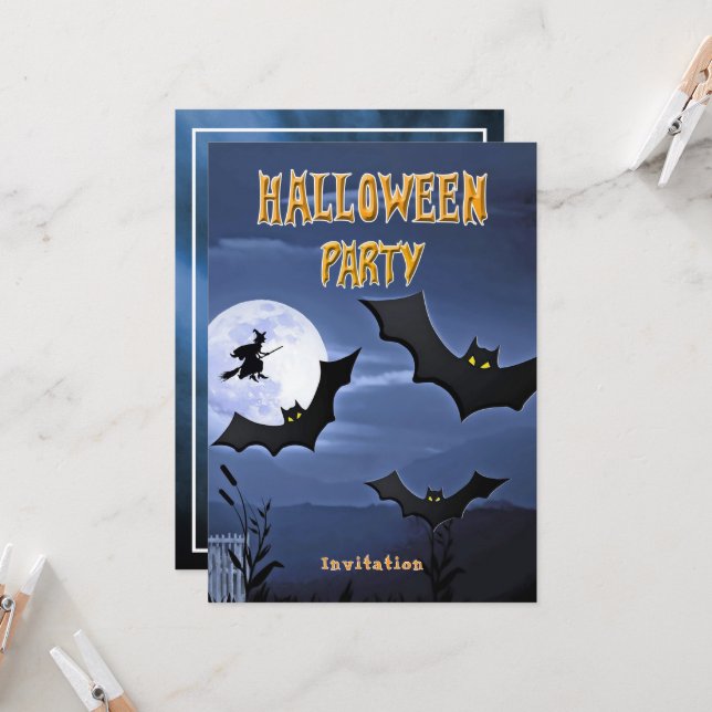 Halloween Party Bats Flying Witch Invitation (Front/Back In Situ)