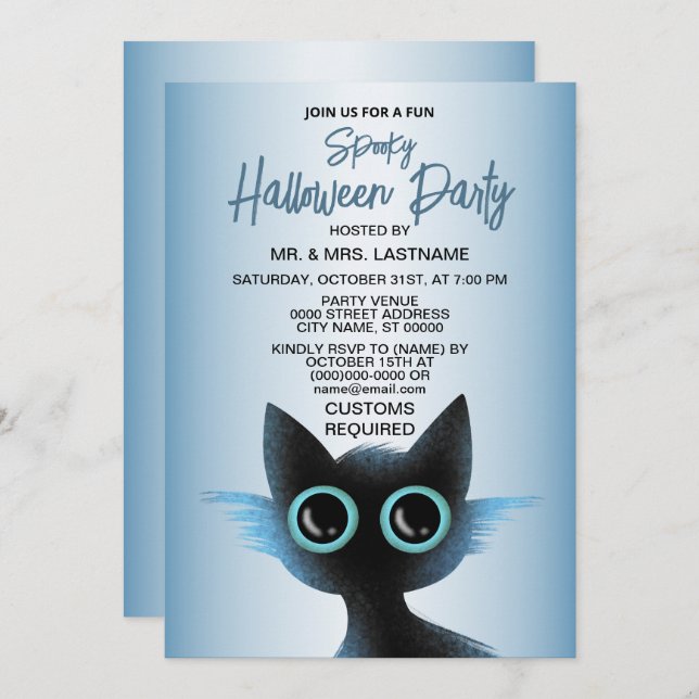 Halloween Party Big Eyes Black Blue Evil Cat Invitation (Front/Back)
