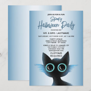 Halloween Party Big Eyes Black Blue Evil Cat Invitation