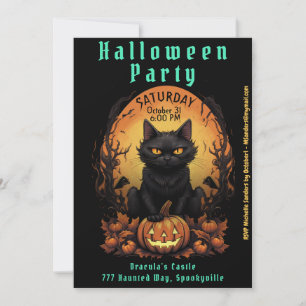 Halloween Party   Black Cat and Pumpkin Invitation