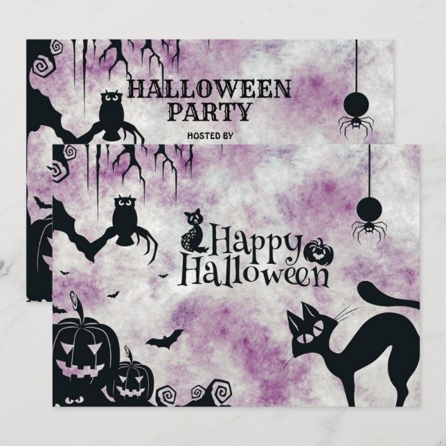 Halloween Party Black Cat Evil Pumpkins Scary Owls Invitation (Front/Back)