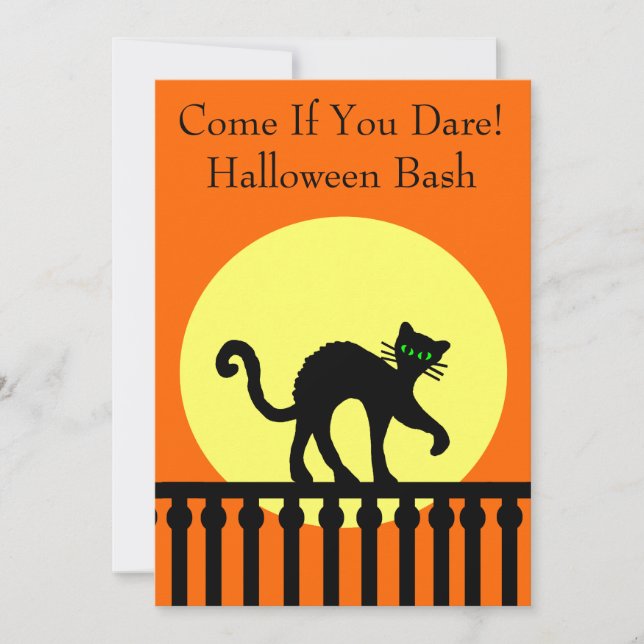 Halloween Party Black Cat on Fence Moon Orange Invitation (Front)