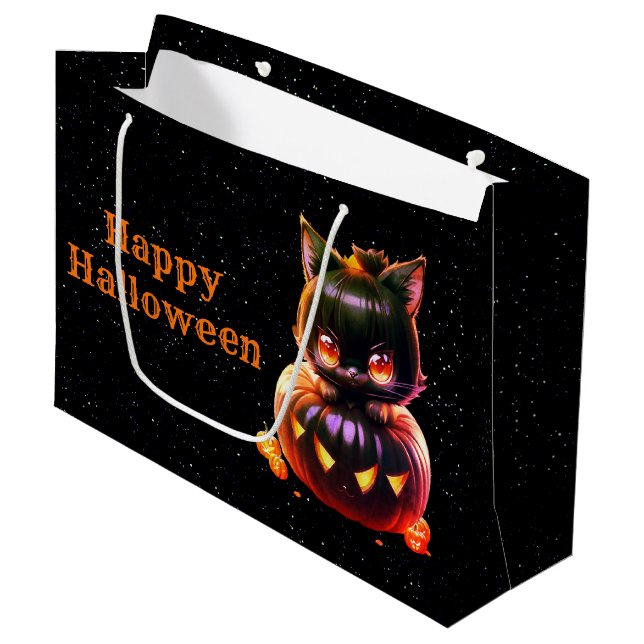 Halloween Party Black Cat Pumpkin Horror Scary Large Gift Bag (Front Angled)