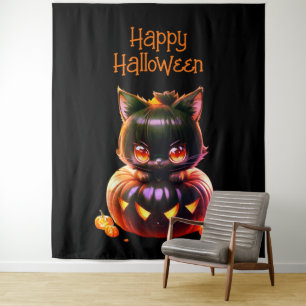 Halloween Party Black Cat Pumpkin Horror Scary Tapestry