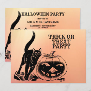 Halloween Party Black Cat Pumpkin Orange Scary Invitation