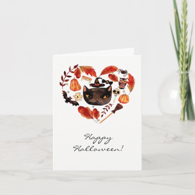Halloween Party Black Cat Watercolor Whimsical Card (Front)