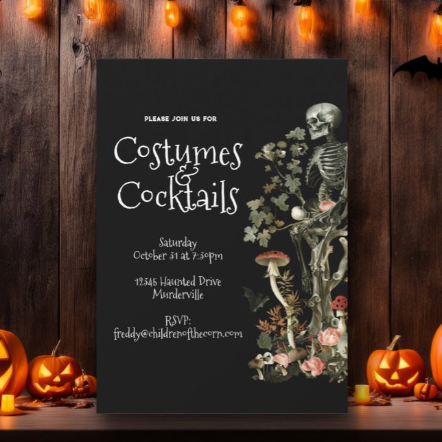 Halloween Party Black Costume & Cocktails Floral Invitation (Creator Uploaded)