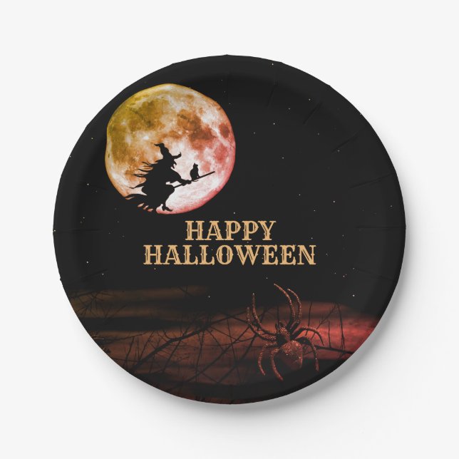 Halloween Party Black Night Full Moon Scary Paper Plate (Front)