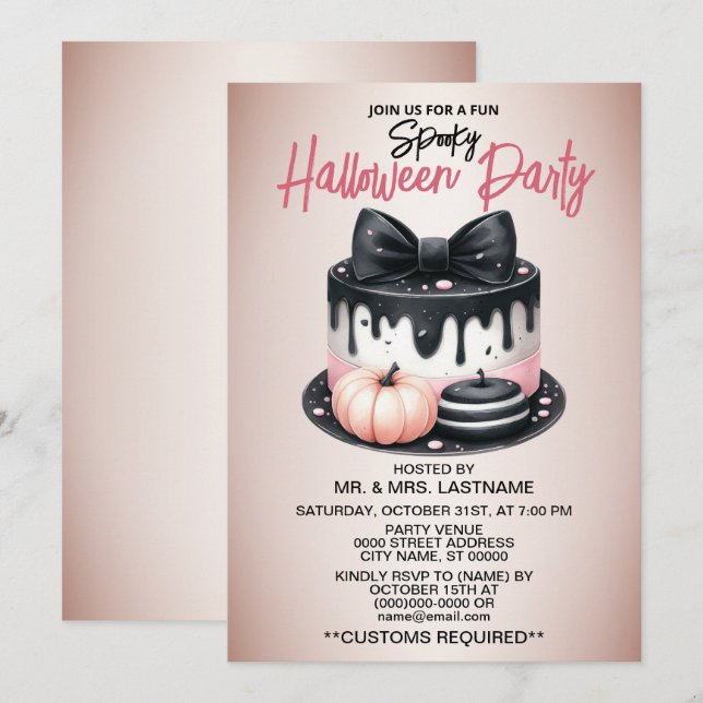 Halloween Party Black Pink Cake Treat Spooky Invitation (Front/Back)