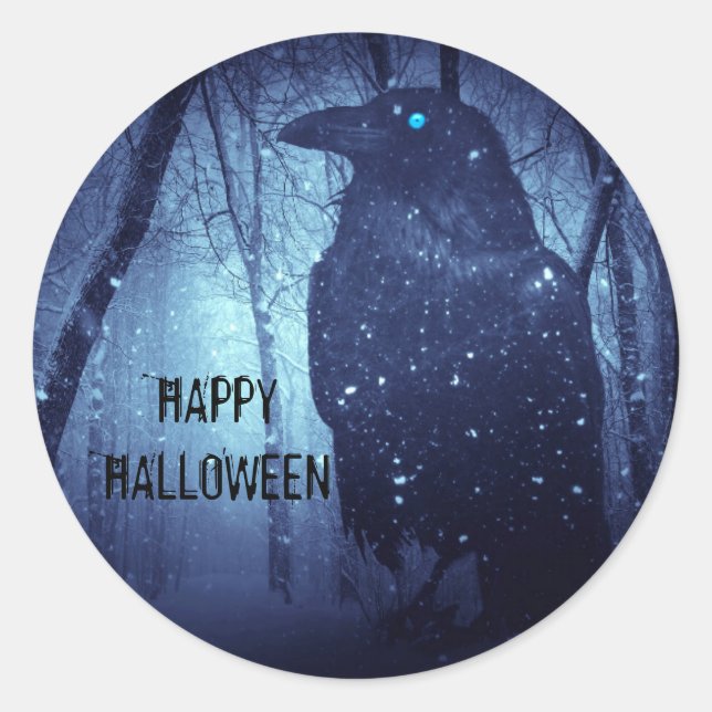 Halloween Party Black Raven Crow Blue Forest Classic Round Sticker (Front)