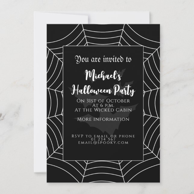 Halloween Party Black white grey spider web bats Invitation (Front)