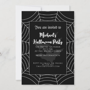 Halloween Party Black white grey spider web bats Invitation