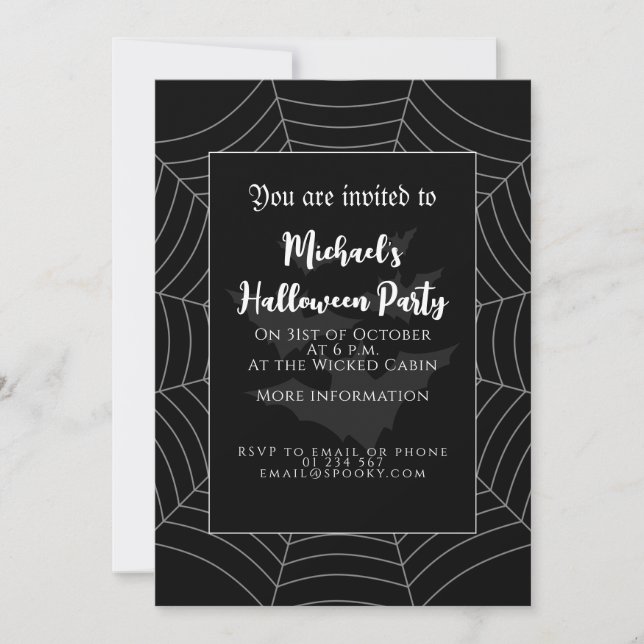 Halloween Party Black white grey spider web bats Invitation (Front)