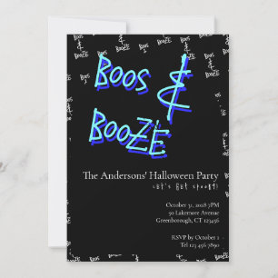 Halloween Party Boos and Booze Neon Blue Invitation