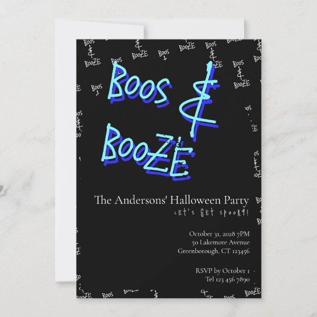 Halloween Party Boos and Booze Neon Blue Invitation (Front)