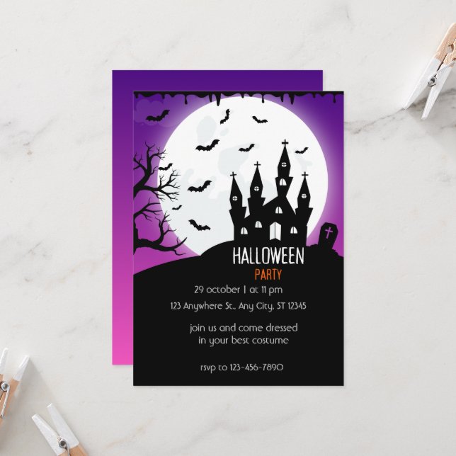Halloween Party bright purple And Black Invitation (Front/Back In Situ)