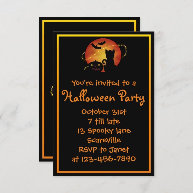 Halloween Party Cat Pumpkin and Bats Invitation (Front/Back)