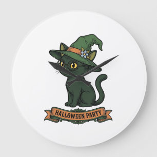 Halloween Party Cat Vintage Vector Design_1 Large Clock