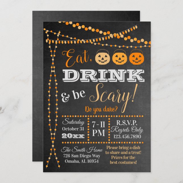 Halloween Party Chalkboard Eat Drink be Scary Invitation (Front/Back)