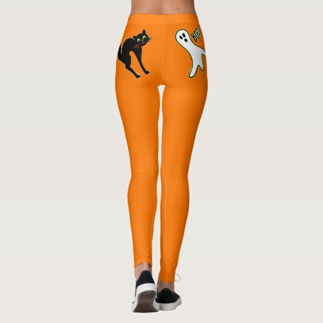 Halloween Party Creepy Scary Cat Cute Ghost Orange Leggings (Back)