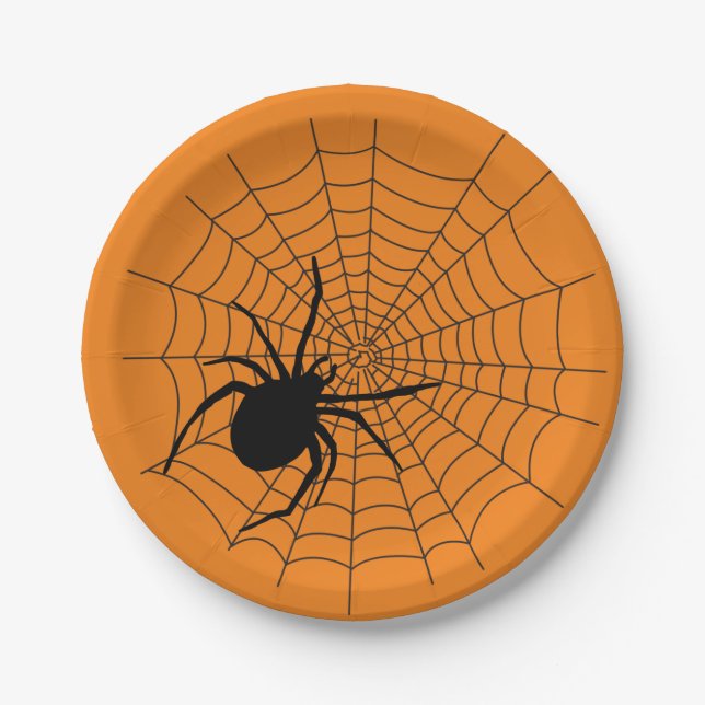 Halloween Party Creepy Spider Web Orange Black Paper Plate (Front)