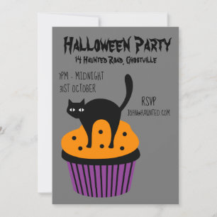 Halloween party cupcake cat black and orange invitation