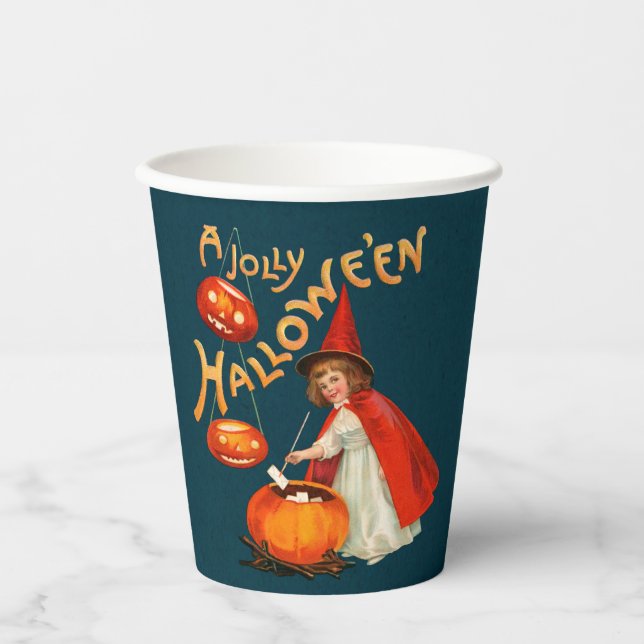 Halloween party Cute little witch Clapsaddle Paper Cups (Front)