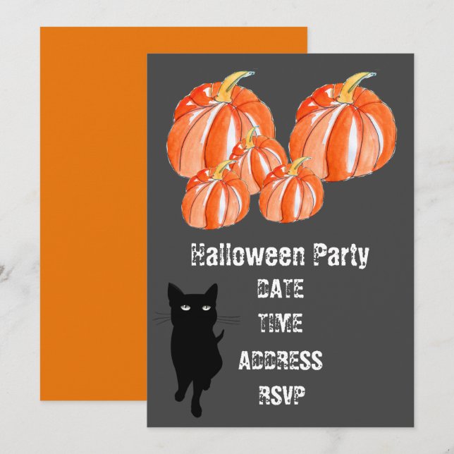 Halloween party cute pumpkins with black cat invitation (Front/Back)