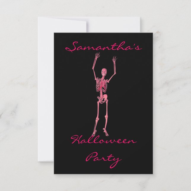 "Halloween Party" - Dancing Pink Skeleton Invitation (Front)
