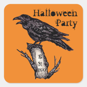Halloween Party Date Orange Gothic Raven Crow Square Sticker