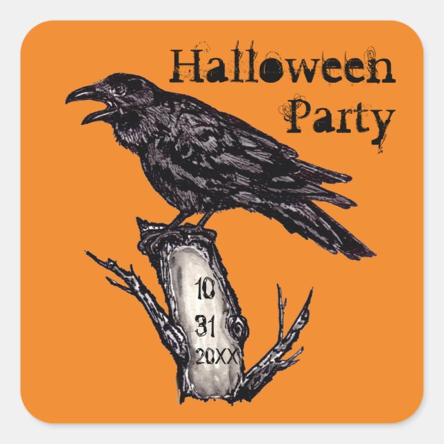 Halloween Party Date Orange Gothic Raven Crow Square Sticker (Front)