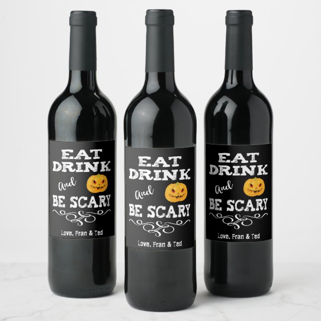 Halloween Party Eat Drink & Be Scary Pumpkin Face Wine Label (Bottles)