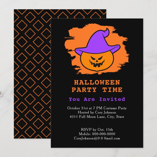Halloween Party Eerie Jack o' Lantern Purple Hat Invitation (Front/Back)