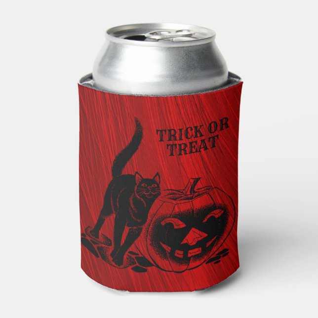 Halloween Party Evil Black Cat Pumpkin Red Scary Can Cooler (Can Front)