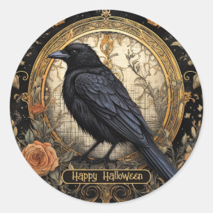 Halloween Party Evil Black Crow Orange Flowers Classic Round Sticker