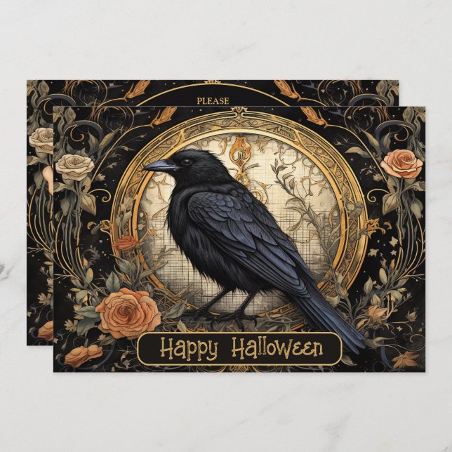 Halloween Party Evil Black Crow Orange Flowers Invitation (Front/Back)