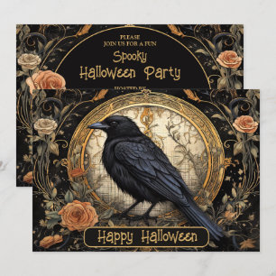 Halloween Party Evil Black Crow Orange Flowers Invitation