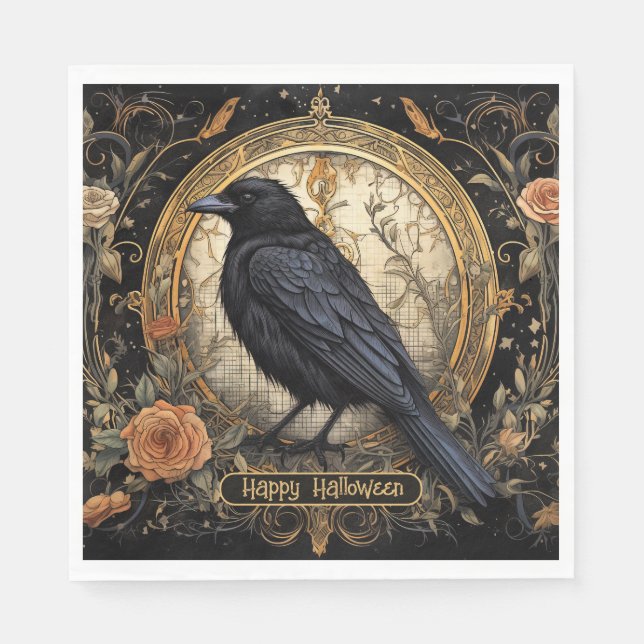 Halloween Party Evil Black Crow Orange Flowers Napkin (Front)