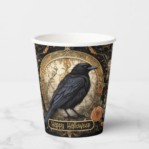 Halloween Party Evil Black Crow Orange Flowers Paper Cups